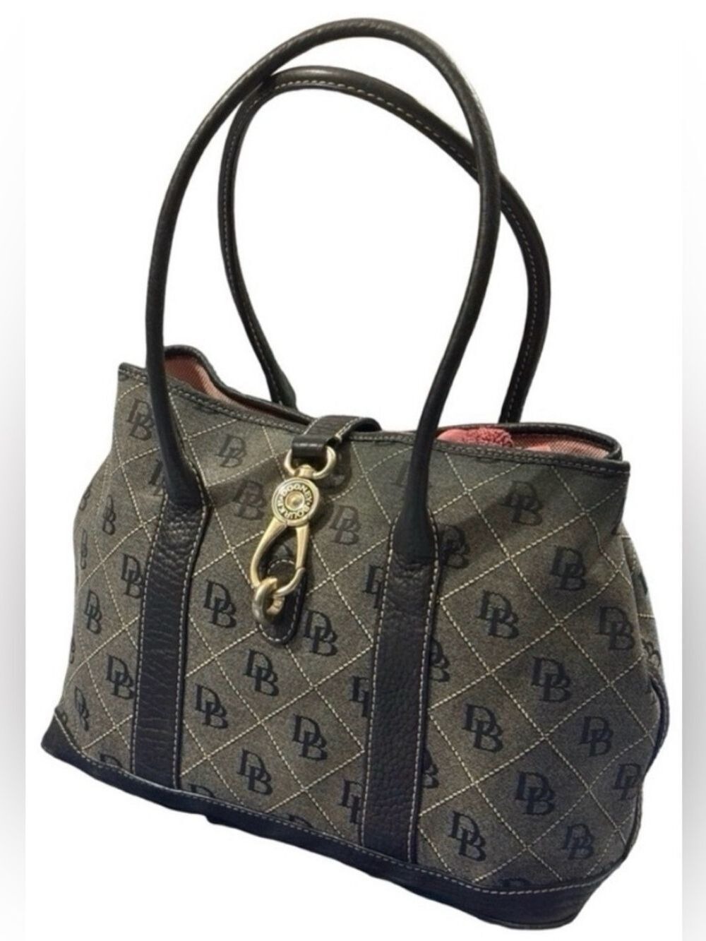 Dooney & Bourke DB Monogram Canvas Tote Black Leather Trim Lock